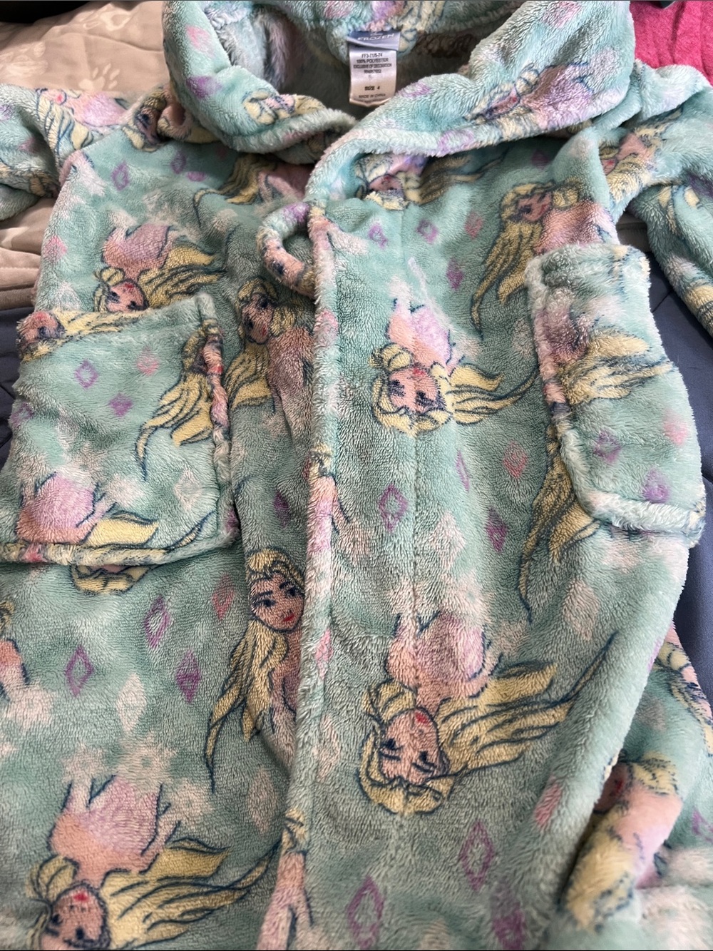 Disney Girls' Mint Plush Hooded Robe with Pink Princess Print